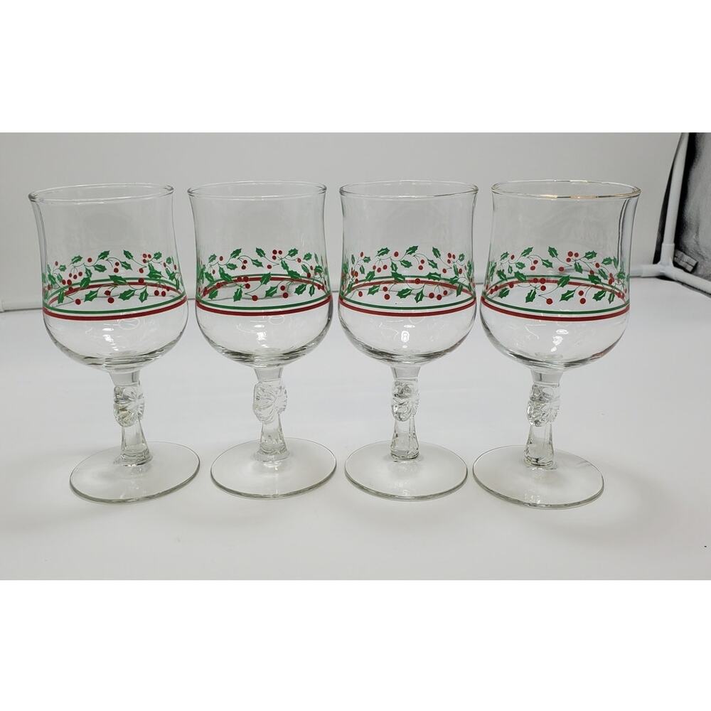 Vintage Arby's Wine Glass/Goblet Christmas Holly Berry  Bows on Stem (Qty 4)